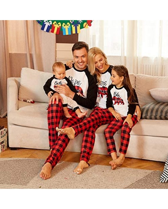 PopReal Family Pajamas Matching Sets Matching Christmas PJs with Mama Bear Printed Romper Plaid Pants Sleepwear