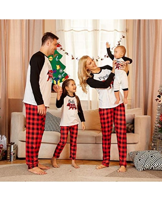 PopReal Family Pajamas Matching Sets Matching Christmas PJs with Mama Bear Printed Romper Plaid Pants Sleepwear