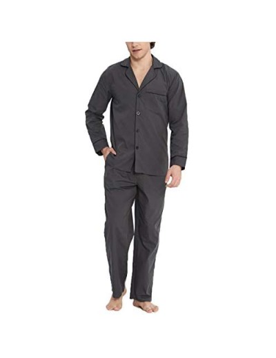 qingduomao Men's Plain-Weave Pajama Set Long Sleeve Button Down Cotton Sleepwear