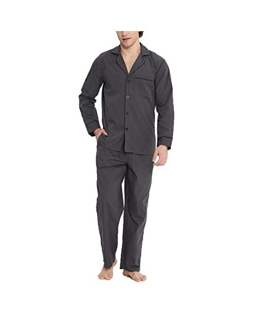 qingduomao Men's Plain-Weave Pajama Set Long Sleeve Button Down Cotton Sleepwear