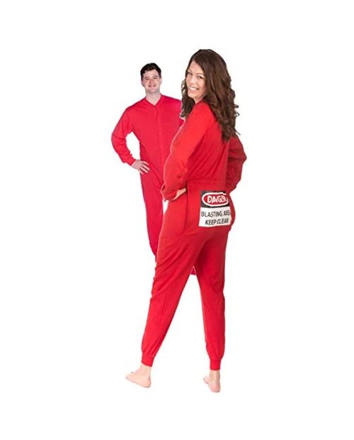 Red Union Suit Men & Women Onesie Pajamas with Funny Butt Flap Danger Blasting Area