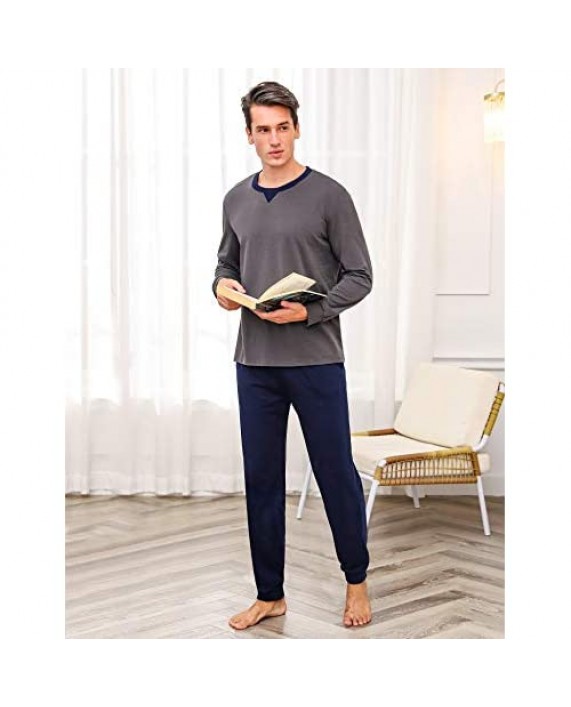 Sykooria Men's Pajamas Set Long Sleeve Plaid Loungewear Cotton Striped Sleepwear with Pockets 2 Piece Comfy Pjs Set