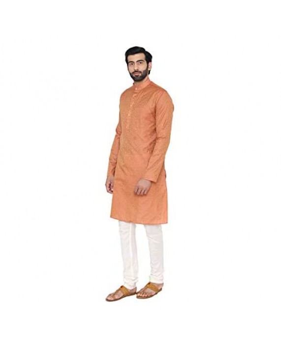WINTAGE Men's Banarasi Art Silk Cotton Blend Festive and Casual Long Indian Kurta Comfy Sleepset : Multiple Colors