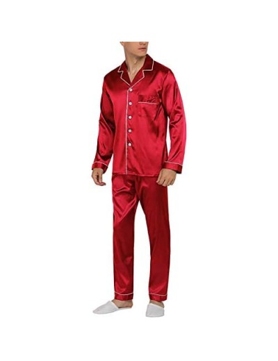 YIMANIE Mens Silk Satin Pajamas Set Classic Sleepwear Loungewear (XX-Large Red)