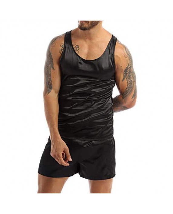 YiZYiF Men's Silk Satin Pajamas Set Sleeveless Vest Top and Boxer Shorts Sleepwear Loungewear