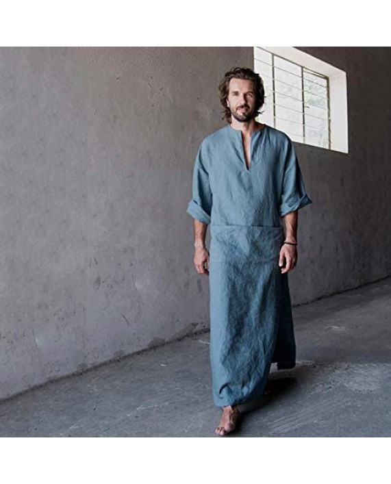 7 VEILS Men’s Natural Linen Robe Casual Caftan Cotton Thobe V Neck Long Gown Kaftan Nightshirt Loungewear…