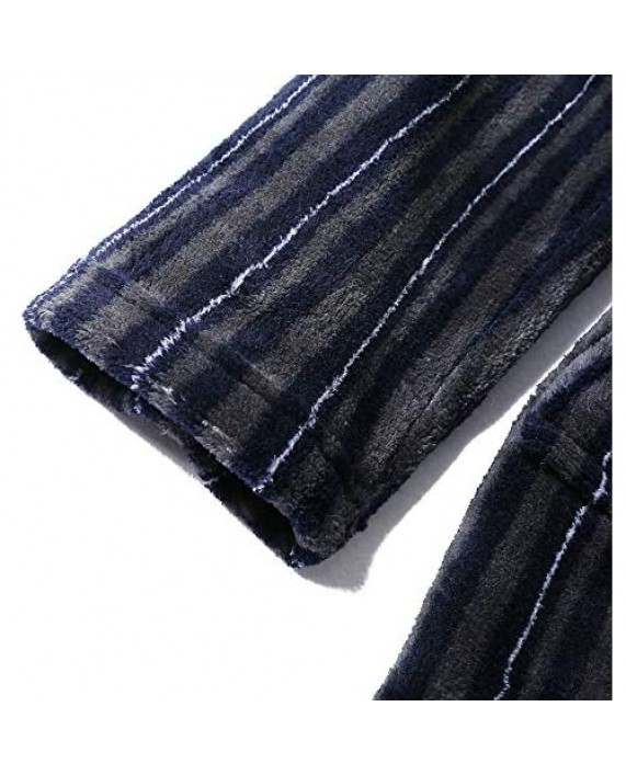 AOEMQ Men's Fleece Warm Bathrobe Stripes Long Robe with Sashes