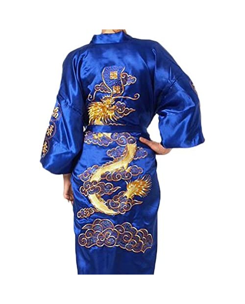 Chinese Men's Silk Satin Embroider Kimono Robe Gown Dragon (Blue M)