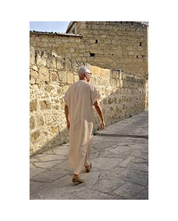 COOFANDY Men's Kaftan V-neck Short Sleeve Home Robe Side Split Linen Loungewear Cotton Long Gown Thobe