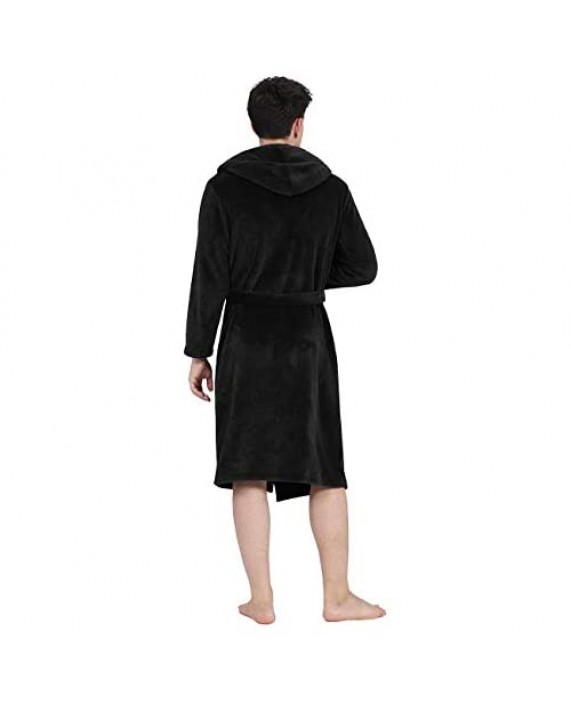 DISHANG Men's Fleece Bathrobe Soft Plush Spa Robe with Hood