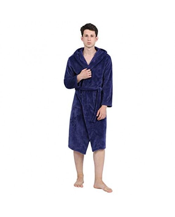 DISHANG Men's Ultra Soft Fleece Robe with Hood Pockets Warm and Cozy Sleepwear
