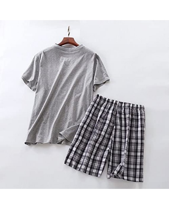 FeelMeStyle Men's Summer 100% Cotton Short Sleeve Pajamas Sleepwear Adult Casual Shorts & Shirt PJ Set