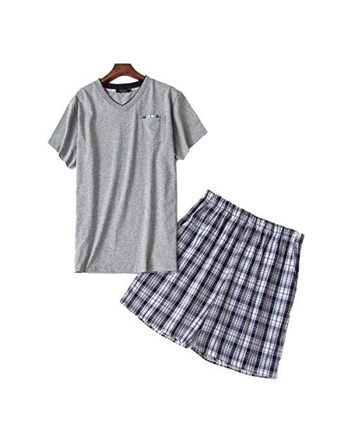 FeelMeStyle Men's Summer 100% Cotton Short Sleeve Pajamas Sleepwear Adult Casual Shorts & Shirt PJ Set