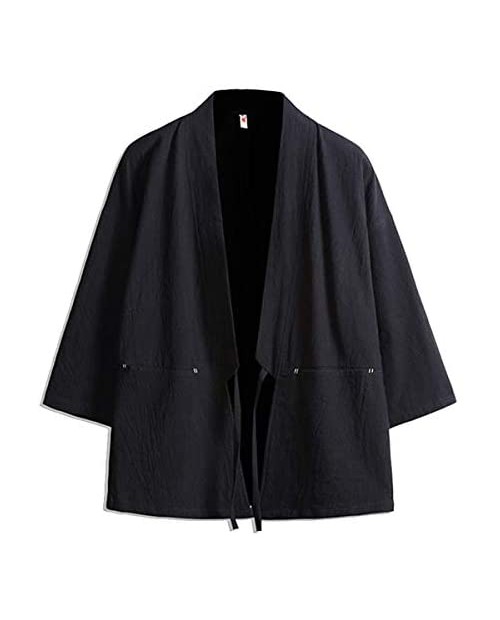 Haseil Men's Kimono Cardigan Japanese Jackets Casual Cotton Open Front Lightweight Linen Yukata
