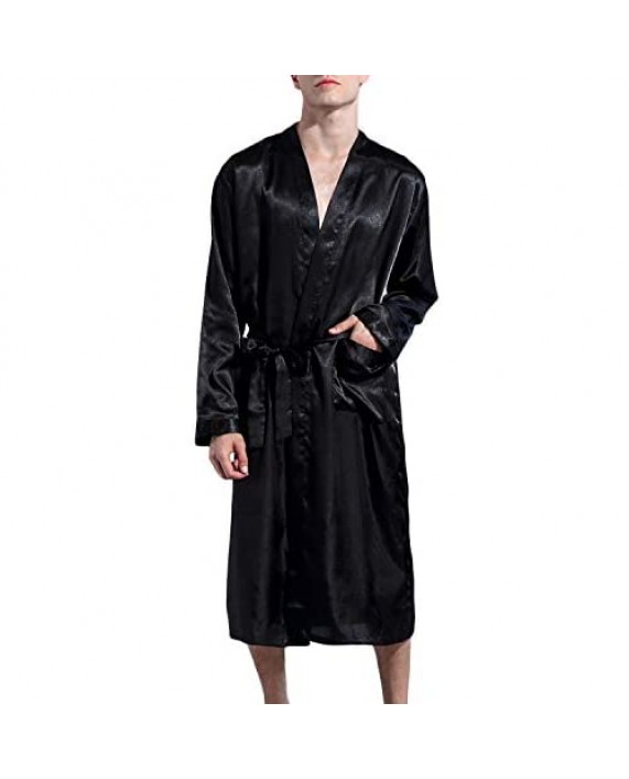 Haseil Men's Satin Robe Long V Neck Shawl Collar Solid Lightweight Kimono Bathrobe