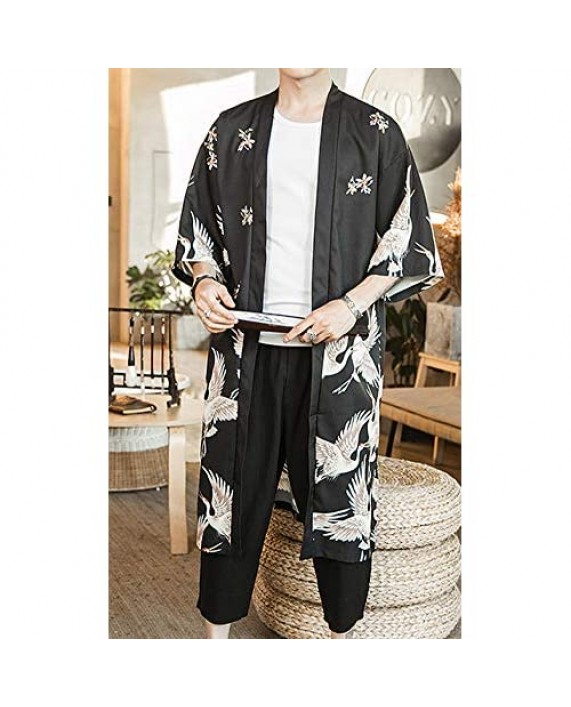 HOTMISS Mens Kimono Cardigan Open Front Cloak Yukata Outwear Long Bathrobe Tops