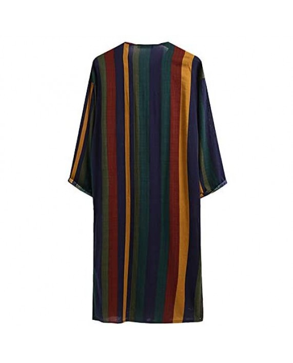Hotmiss Men's Striped Robe Button Up Long Sleeve Kaftan Thobe Splits Long Gown Casual Shirt
