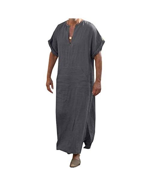 Kedera Men's V-Neck Short/Long Sleeve Robe Side Split Cotton Long Gown Thobe S-3XL