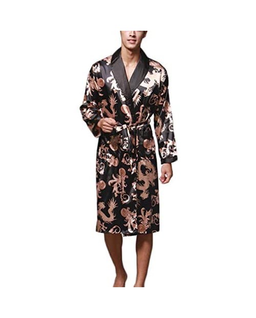 Litteking Men's Satin Bathrobe Nightgown Casual Silk Long Sleeve Kimono Robe Loungewear Sleepwear Pajama with Belt