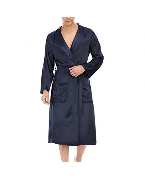 Lu's Chic Men's Long Sleeve Robe Hooded Bathrobe Thin Satin Bath Robes Knee Length Pocket House