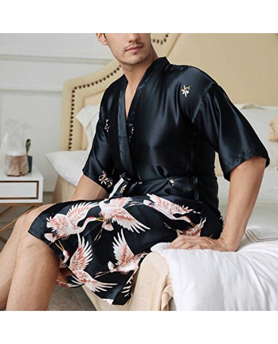 Lu's Chic Men's Luxury Short Sleeve Kimono Robes Silk Crane Satin Loungewear Soft Nightwear