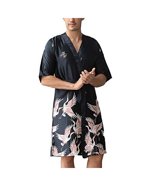 Lu's Chic Men's Luxury Short Sleeve Kimono Robes Silk Crane Satin Loungewear Soft Nightwear
