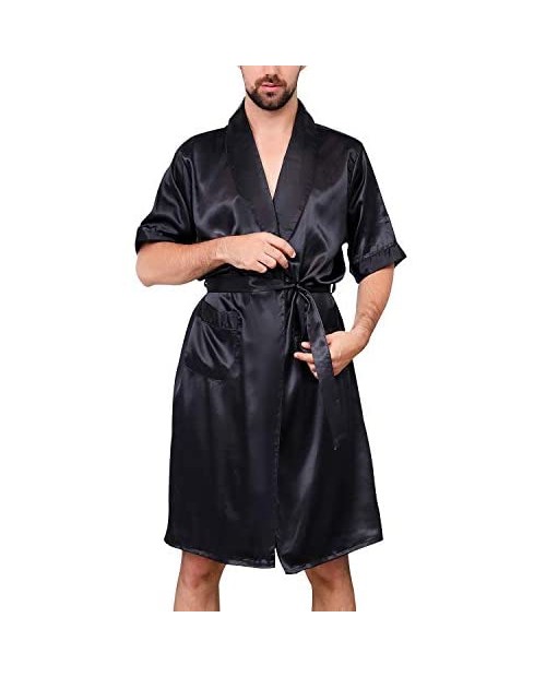 Lu's Chic Men's Satin Kimono Robe Silk Short Sleeves Summer Bathrobe Pockets Nightgown Robes