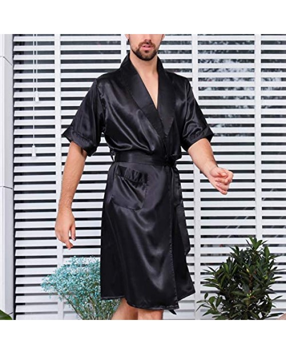 Lu's Chic Men's Satin Pajama Set Short Sleeves Summer Boxer Shorts Spa Pockets Bathrobe Kit