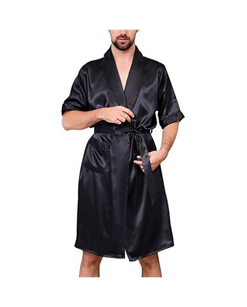 Lu's Chic Men's Satin Pajama Set Short Sleeves Summer Boxer Shorts Spa Pockets Bathrobe Kit