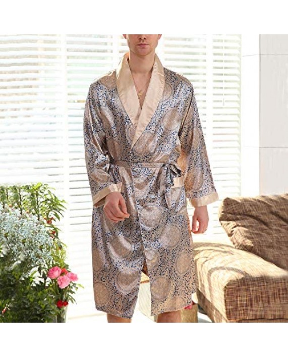 Lu's Chic Men's Satin Pajama Set Silk Bathrobe Shorts Long Sleeves Pockets Soft Kimono Robe Set
