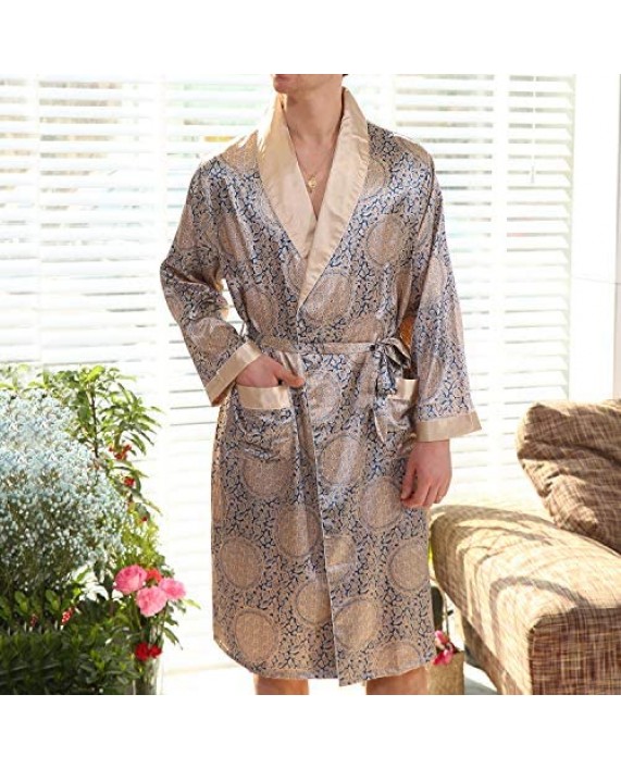 Lu's Chic Men's Satin Pajama Set Silk Bathrobe Shorts Long Sleeves Pockets Soft Kimono Robe Set