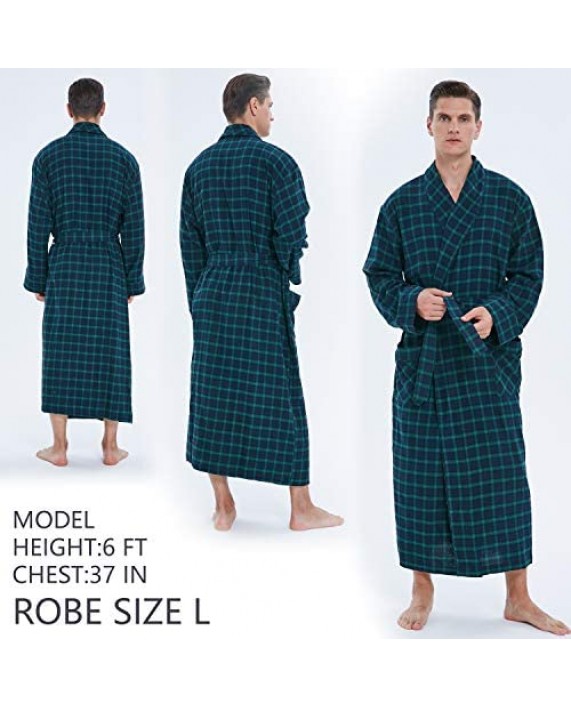 Men's 100% Cotton Dark Green Checked Bathrobe never Fade Plaid Absorbent Housecoat
