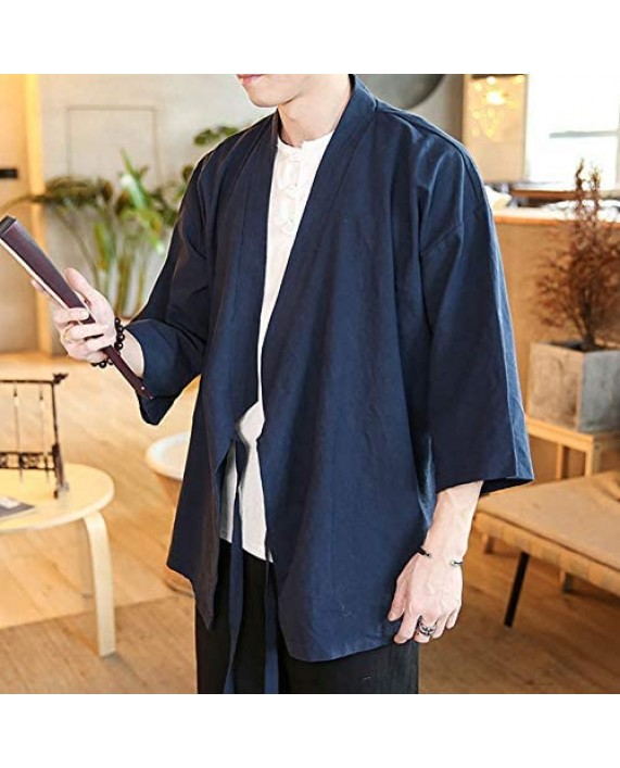Men's Chinese Style Linen Cardigan Jacket loose kimono Jacket Solid Color Self-tie Hanfu Traditional Clothing