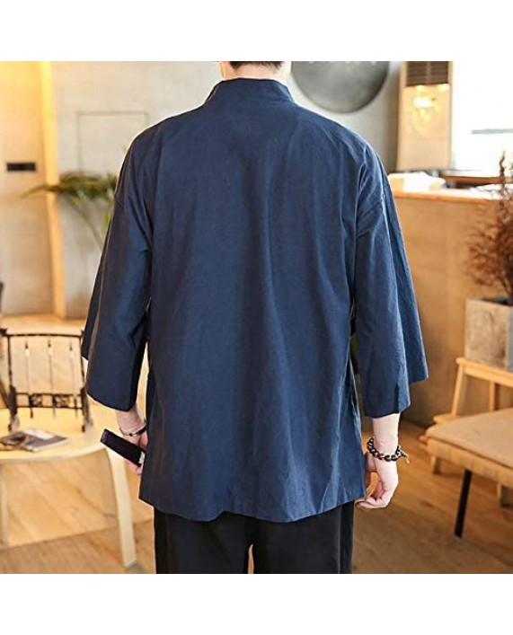 Men's Chinese Style Linen Cardigan Jacket loose kimono Jacket Solid Color Self-tie Hanfu Traditional Clothing