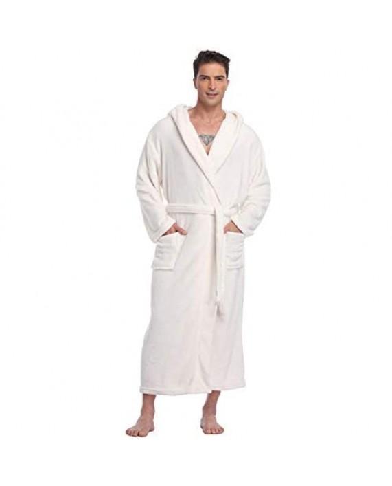 Men's Hooded Bathrobe Plush Fleece Long Winter Robe Warm Soft Spa Robe