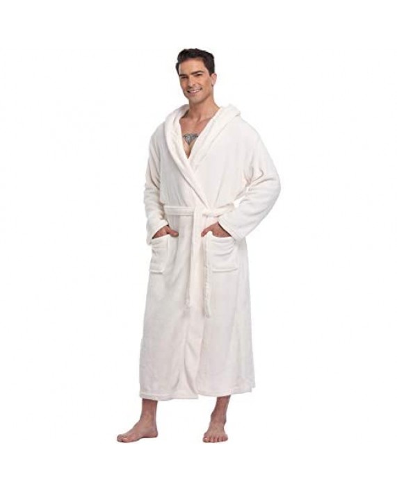 Men's Hooded Bathrobe Plush Fleece Long Winter Robe Warm Soft Spa Robe