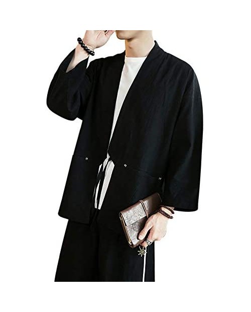 Men's Japanese Kimono Jacket Yukata Casual Cotton Linen Seven Sleeve Lightweight Printed Crane Cardigan Shirts