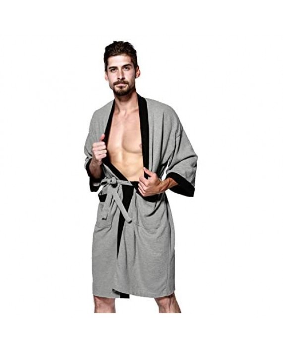Men's Kimono Robe Cotton Waffle Spa Bathrobe Lightweight Soft Knee Length Sleepwear with Pockets