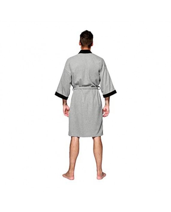 Men's Kimono Robe Cotton Waffle Spa Bathrobe Lightweight Soft Knee Length Sleepwear with Pockets