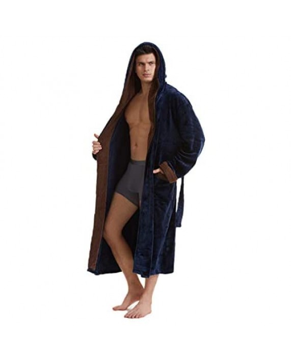 Mens Long Robes with Hood Full Length Hooded Bathrobe Fleece Plush Fluffy Housecoat Nightgown