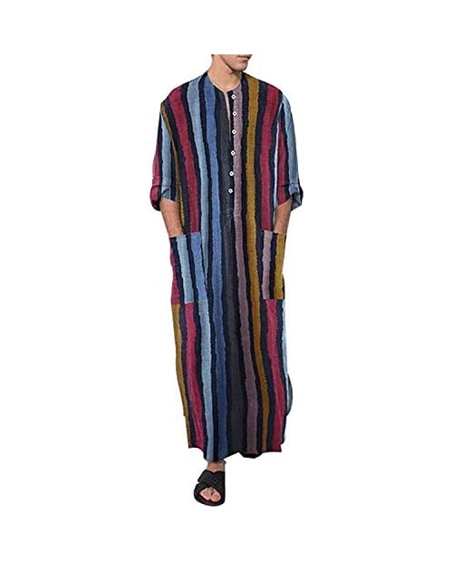 Men's Muslim Dresses Long Sleeve Striped Henley Shirts Kaftan Muslim Long Gown Thobe Robe for Men