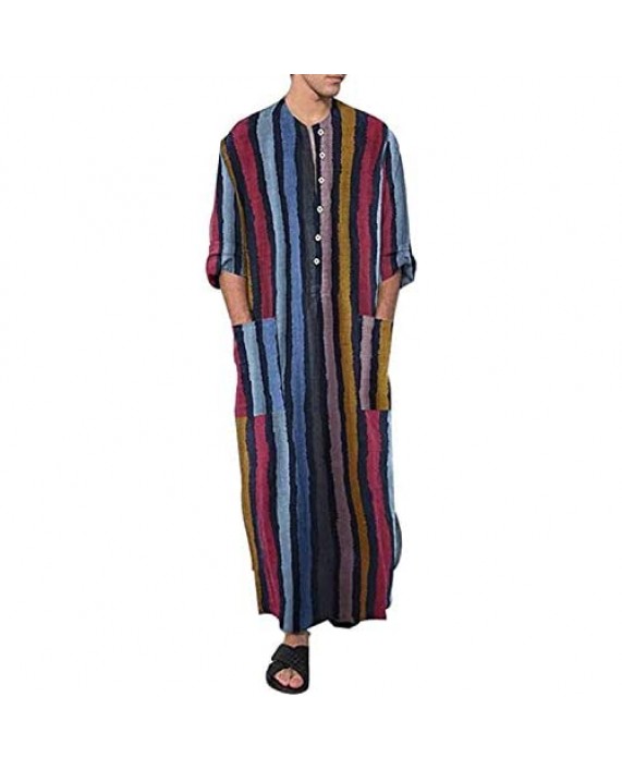 Men's Muslim Dresses Long Sleeve Striped Henley Shirts Kaftan Muslim Long Gown Thobe Robe for Men