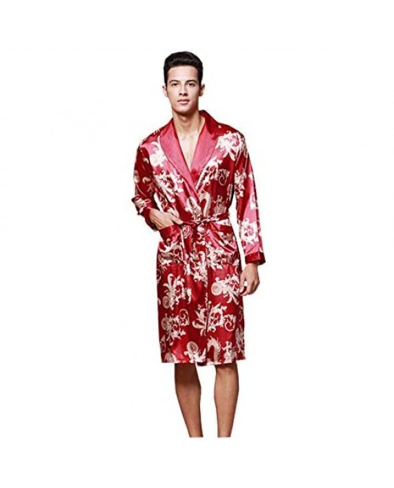Mens Satin Robe Chinese Dragon Silk Spa Long Sleeve Bath Robe Nightgowns Pajamas