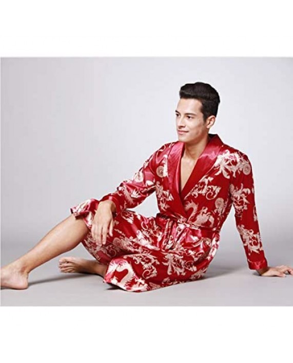 Mens Satin Robe Chinese Dragon Silk Spa Long Sleeve Bath Robe Nightgowns Pajamas