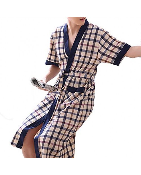 Men's Thin Cotton Plaid Kimono Robes Shawl Collar Lightweight Spa Sleep Bathrobe