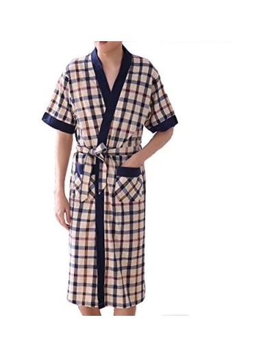 Men's Thin Cotton Plaid Kimono Robes Shawl Collar Lightweight Spa Sleep Bathrobe