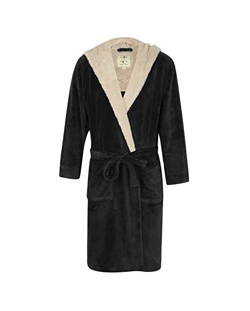 Men's Warm Hooded Fleece Robe Black with Light Gray
