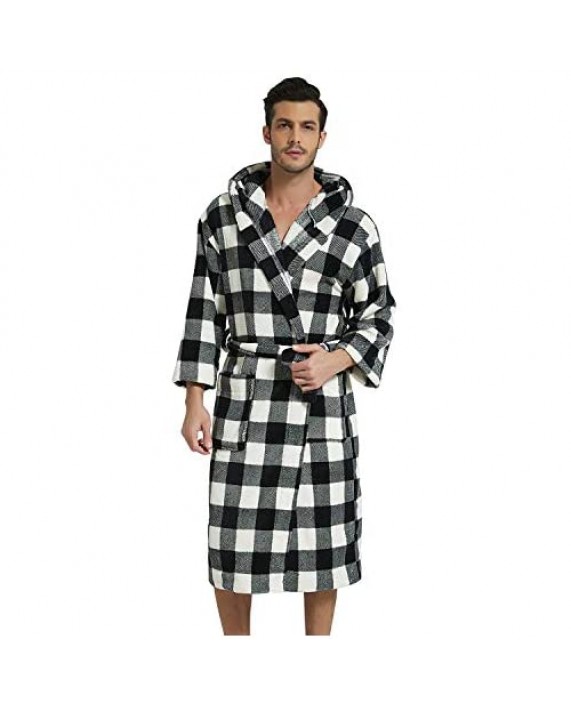 Pishon Mens Long Hooded Bathrobe Soft Plush Plaid Warm Flannel Robe