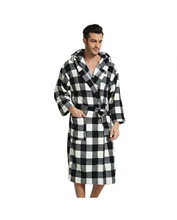 Pishon Mens Long Hooded Bathrobe Soft Plush Plaid Warm Flannel Robe