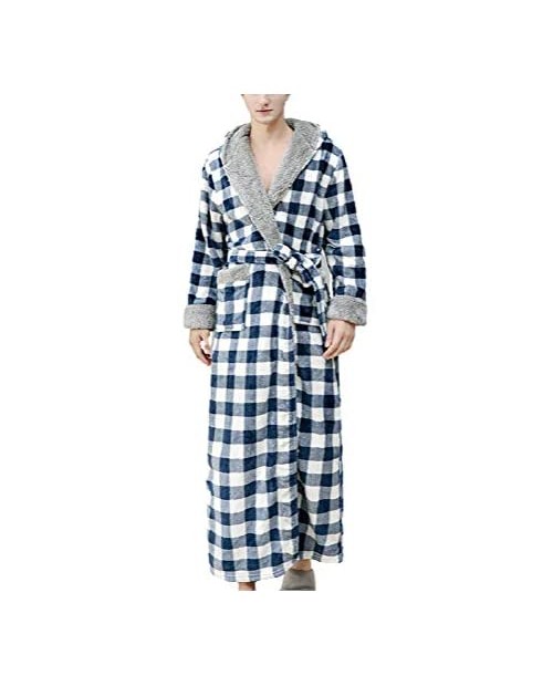 SAPJON Men's Flannel Long Robes Soft Fleece Warm Housecoats Hooded Plush Plaid Bathrobe Sleepwear Pajamas with Belt